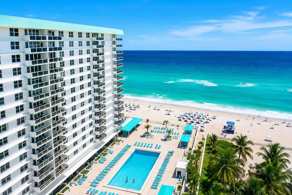 Beachfront 1BR Condo interior with ocean views in Hollywood, Florida